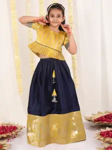 JBN Creation Girls Woven Design Puffed Sleeves Zari Ready to Wear Lehenga & Blouse