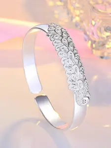 MYKI Silver-Plated Cubic Zirconia Studded Peacock Shaped Cuff Bracelet