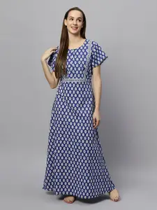 ETC Blue Ethnic Motifs Printed Pure Cotton Maxi Nightdress