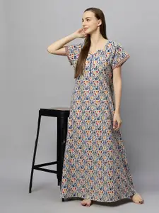 ETC Blue Floral Printed Pure Cotton Maxi Nightdress