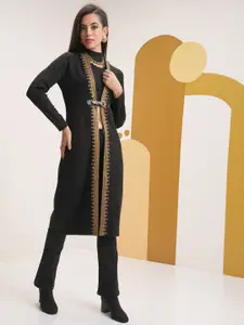 Vishudh Ethnic Motifs Embroidered Open Front Longline Shrug