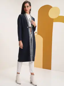 Vishudh Winter Ethnic Motifs Embroidered Open Front Longline Shrug