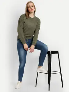 The Roadster Lifestyle Co. Olive Green Self Design Round Neck Long Sleeves Pullover