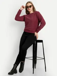 The Roadster Lifestyle Co. Maroon Self Designed Long Sleeves Velour Pullover
