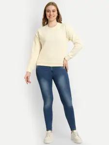 The Roadster Lifestyle Co. Cream Coloured Self Designed Long Sleeves Velour Pullover