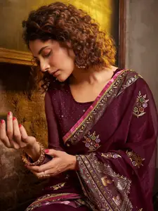 Mitera Purple Floral Embroidered Pure Chiffon Saree