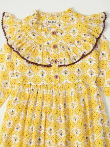 Bella Moda Girls Ethnic Motifs Printed Ruffles Fit & Flare Pure Cotton Dress