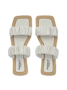 DressBerry White Ruched Detail Two Strap Open Toe Flats
