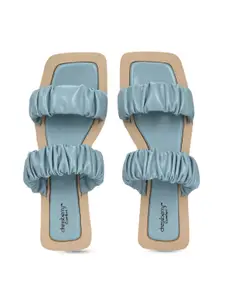 DressBerry Blue Ruched Detail Two Strap Open Toe Flats