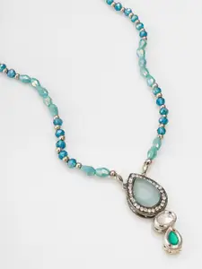 aadita Silver Stones Studded & Beaded Matinee Necklace