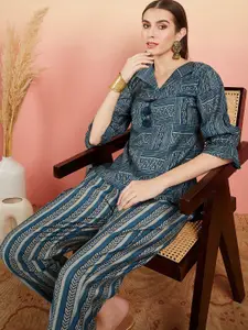 Sangria Printed V-Neck Top With Trousers