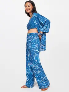 Global Desi Printed Crop Top With Trouser & Shrug