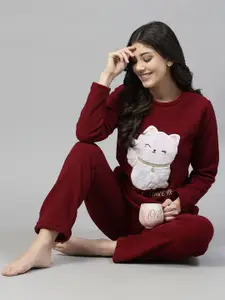 Sweet Dreams Graphic Printed Long Sleeves Fleece Night Suit