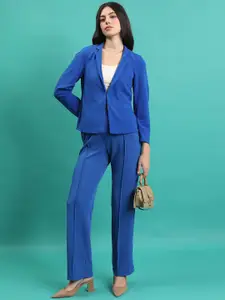 CHIC BY TOKYO TALKIES Blue Notched Lapel Slim Fit Knitted Blazer