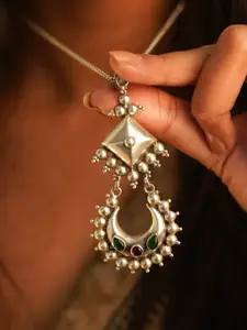 Shyle 925 Sterling Silver Mizoya Chandra Motif Oxidised Drop Pendant