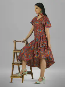BAESD Ethnic Motifs Printed V-Neck Flared Sleeve Ruffled A-Line Midi Dress