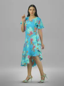 BAESD Floral Printed V-Neck Flared Sleeve Ruffled A-Line Midi Dress