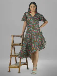 BAESD Ethnic Motifs Printed V-Neck Flared Sleeve Ruffled A-Line Midi Dress