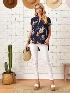 Kotty Navy Blue Floral Print Mandarin Collar Crepe Top