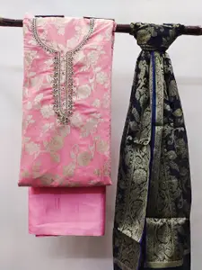 MANVAA Floral Woven Design Beads and Stones Unstitched Dress Material