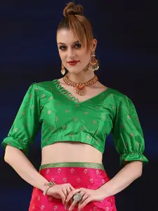 Saree mall Pink & Green Floral Motifs Printed Zari Bagh Saree