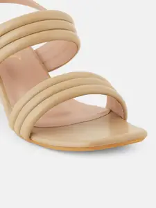 DressBerry Beige Striped Double Strap Open Toe Block Heels