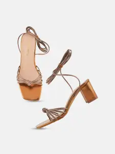 DressBerry Copper-Toned Textured Strappy Block Heel Gladiators