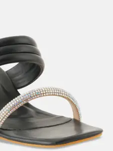 DressBerry Black & Silver-Toned Embellished Open Toe Block Heels