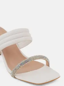 DressBerry White & Silver-Toned Embellished Open Toe Block Heels