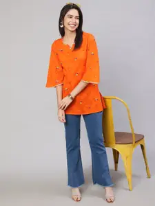 AKIMIA Ethnic Motifs Embroidered Round Neck Flared Sleeves Gotta Patti Pure Cotton Kurti