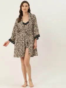 Ms.Lingies Animal Printed Satin Night Suit with Robe