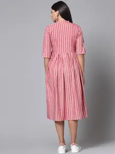 KALINI Set Of 2 Striped Printed Mandarin Collar Cotton Pleated A-Line Kurta