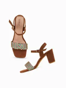 DressBerry Brown Embellished Open Toe Suede Block Heels