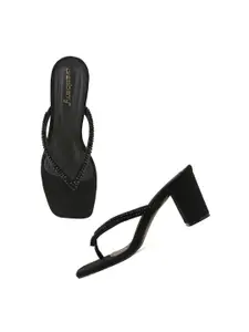 DressBerry Black Embellished Open Toe Suede Block Heels