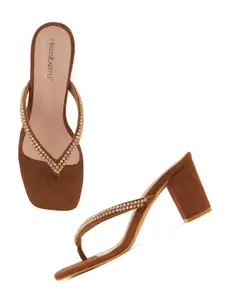 DressBerry Brown Embellished Open Toe Suede Block Heels