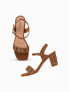 DressBerry Brown Embellished Open Toe Suede Block Heels