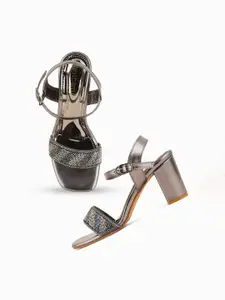 DressBerry Grey Embellished Open Toe Block Heels