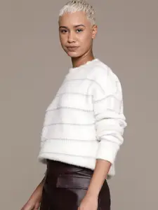 Roadster Women Striped Pullover Sweater with Fuzzy Detail