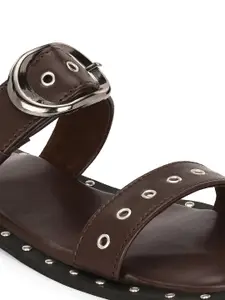 The Roadster Lifestyle Co. Brown Embellished Double Strap Open Toe Flats With Buckel