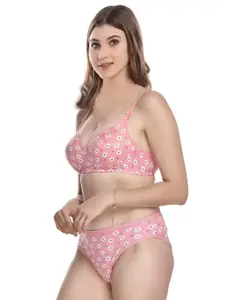 PIBU Floral Printed Lightly Padded Cotton Bra With Brief