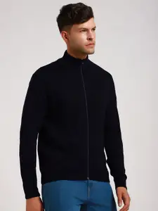 Dennis Lingo Ribbed Mock Collar Acrylic Front Open Sweater
