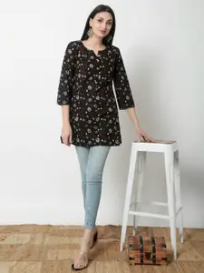 KALINI Floral Printed Notched Neck Cotton Top