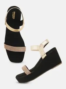 Anouk Gold-Toned & Black Embellished Open Toe Wedge Heels