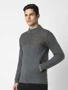 Peter England Casuals Abstract Self Design Mock Collar Acrylic Cardigan Sweater