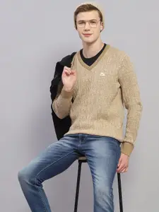 Monte Carlo Cable Knit Self Design V-Neck Woollen Pullover