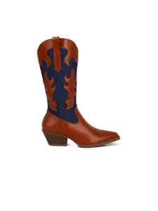 London Rag Women Patchwork Detail Block Heeled High-Top Cowboy Boots