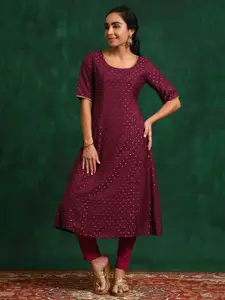 Anouk Round Neck Geometric Printed Chanderi Silk A-Line Kurta