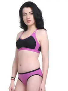 Aamarsh Colourblocked Mid-Rise Cotton Non Padded Bra & Mid-Rise Brief