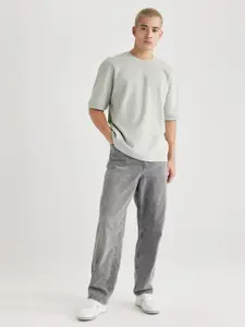 DeFacto Typography Round Neck Drop-Shoulder Sleeves Cotton Applique Casual T-shirt