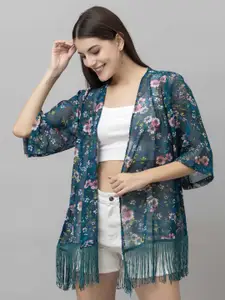 PURYS Floral Printed Tasselled Open Front Shrug